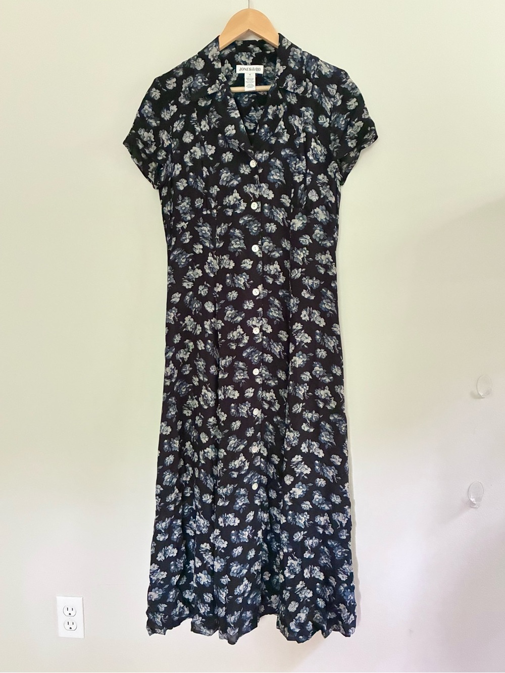 Vintage Silk Navy Blue Floral Button Shirt Dress Classic 90s Coastal Garden Girl